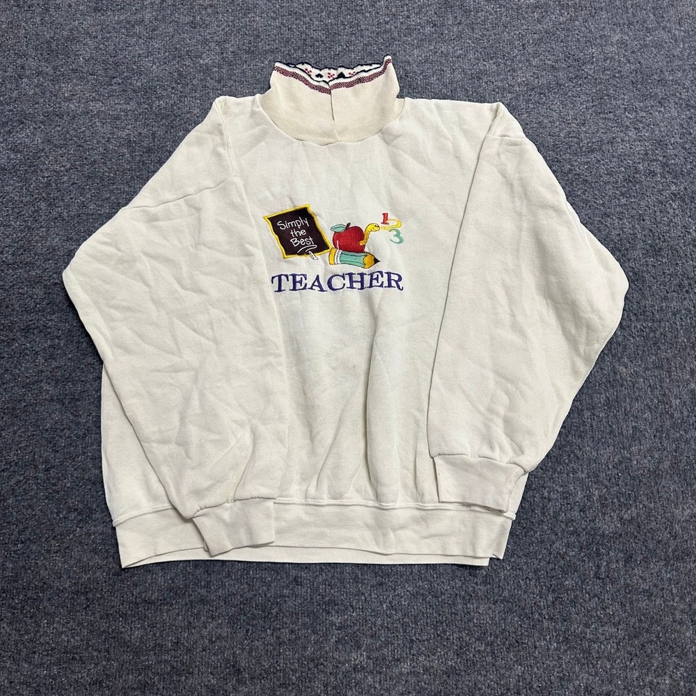Unbranded Sweatshirt Womens Size L Cream Teacher Embroidered Mock Neck Vintage